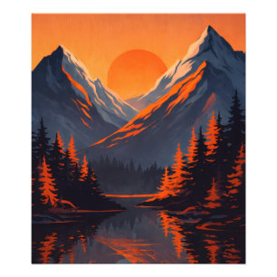 Mountain Sunset Reflection Fiery Orange Sky  Photo Print