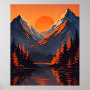 Mountain Sunset Reflection Fiery Orange Sky  Poster
