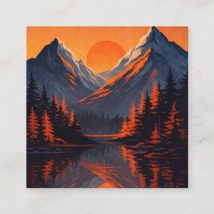 Mountain Sunset Reflection Fiery Orange Sky  Square Business Card