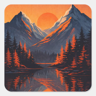 Mountain Sunset Reflection Fiery Orange Sky Square Sticker