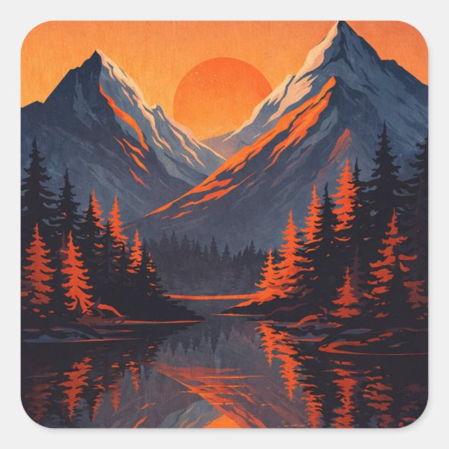 Mountain Sunset Reflection Fiery Orange Sky  Square Sticker (Front)