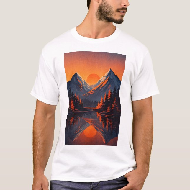 Mountain Sunset Reflection Fiery Orange Sky  T-Shirt (Front)