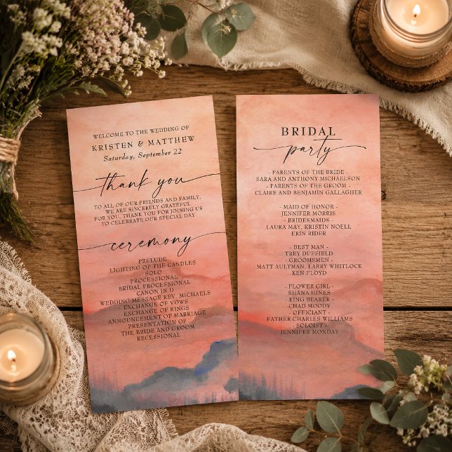 Mountain Sunset Rustic Watercolor Wedding Program (Welcome your guests and share the details of your service with this beautiful mountain program.)