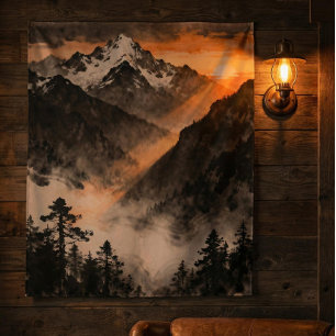 Mountain Sunset Tapestry   Golden Light Ink Art 