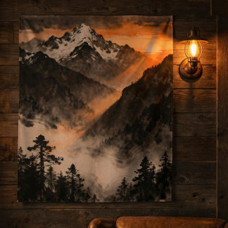 Mountain Sunset Tapestry | Golden Light Ink Art 