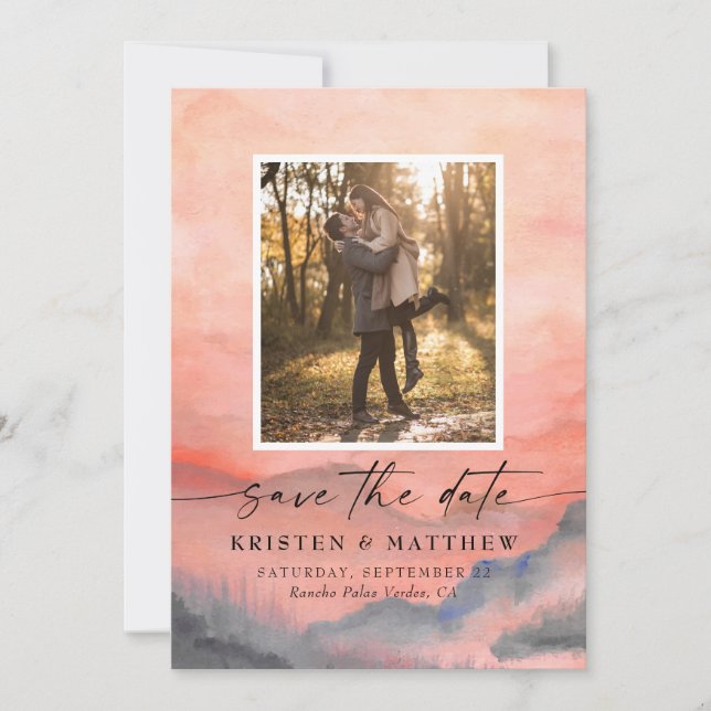 Mountain Sunset Watercolor Rustic Wedding Photo Save The Date (Front)