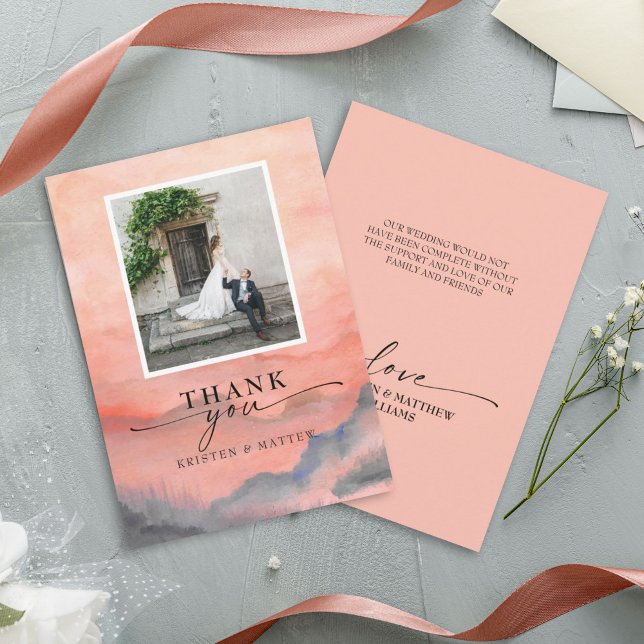 Mountain Sunset Watercolor Rustic Wedding Photo Thank You Card (This elegant mountain sunset watercolor rustic wedding photo thank you card is elegant.
)