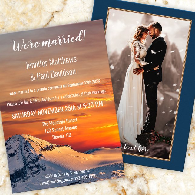 Mountain Sunset Wedding Reception Photo Invitation (Wedding reception only, post or after wedding invitation featuring a sunset on a winter wonderland)