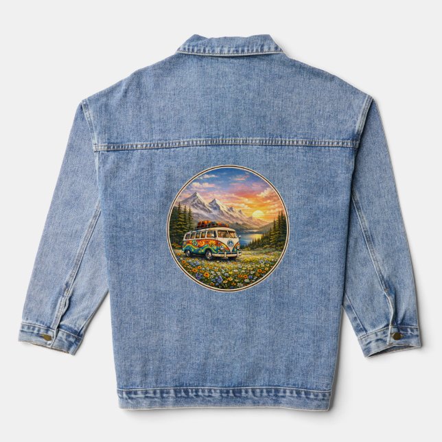 Mountain Sunset Wildflowers Retro Hippie Van Life Denim Jacket (Back)