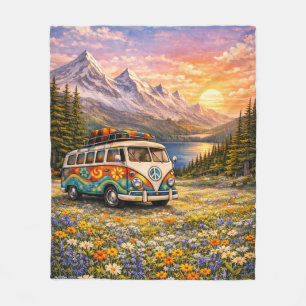 Mountain Sunset Wildflowers Retro Hippie Van Life Fleece Blanket