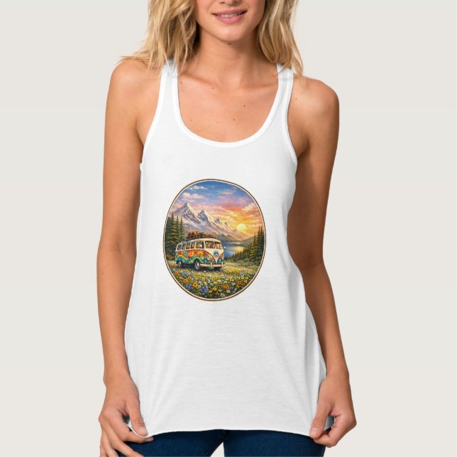 Mountain Sunset Wildflowers Retro Hippie Van Life Singlet (Front)