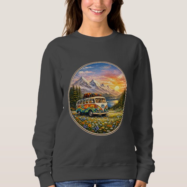 Mountain Sunset Wildflowers Retro Hippie Van Life Sweatshirt (Front)