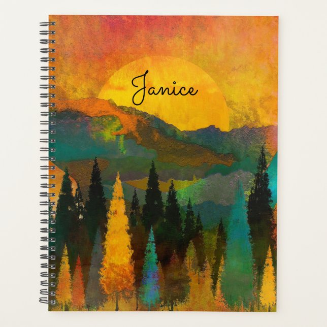 Mountain Sunshine Personalize Name Blue Green Gold Planner (Front)