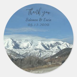 Mountain thank you wedding round sticker 
