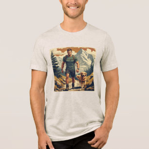 Mountain Trail Hiker & Dog Adventure Illustration Tri-Blend Shirt