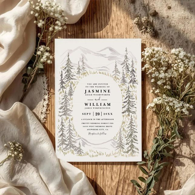 Mountain Trees Forest Rustic QR Code Wedding Invitation (Creator Uploaded)