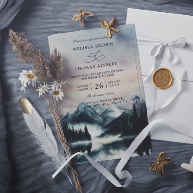 Mountain Trees Pine Rustic Budget QR Code Wedding Invitation (Creator Uploaded)