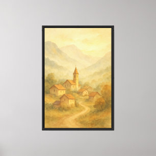 Mountain Village at Dawn Watercolor Canvas Print