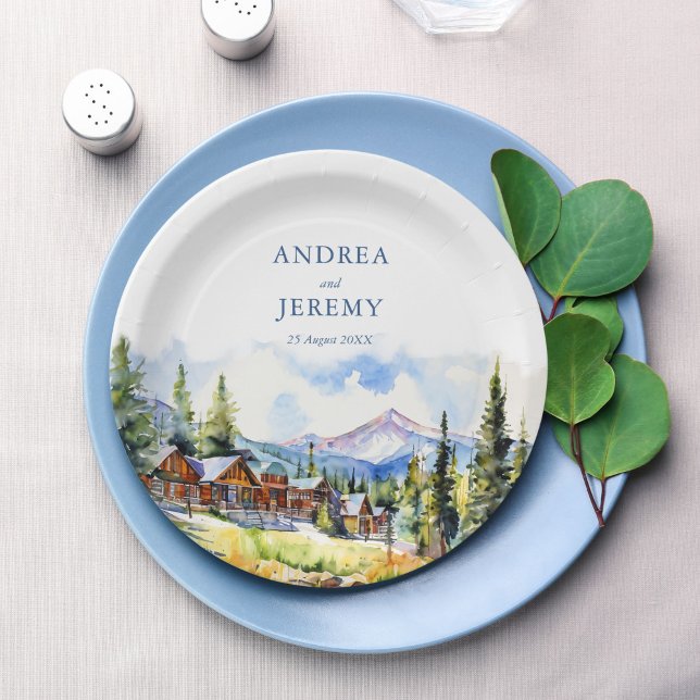 Mountain village Colorado summer scenery Paper Plate (Mountain village Colorado summer landscape scenery monogrammed customized Paper Plates table decor)