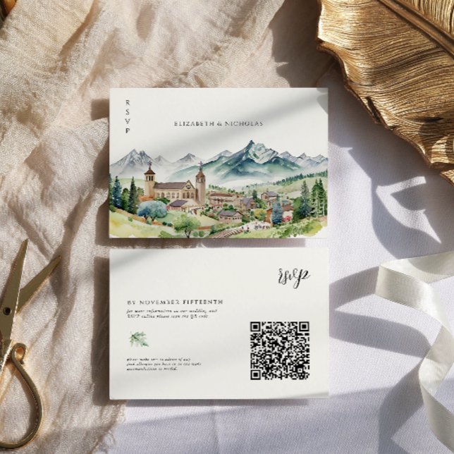 Mountain Village Town | QR Code Wedding RSVP Card (Creator Uploaded)