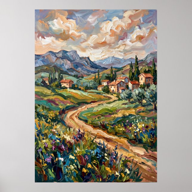 Mountain Village Wildflower Landscape Poster (Front)