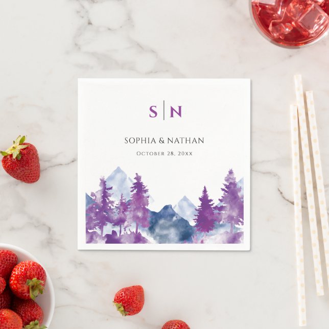 Mountain Watercolor Elegant Mauve chic Wedding Napkin (Insitu)
