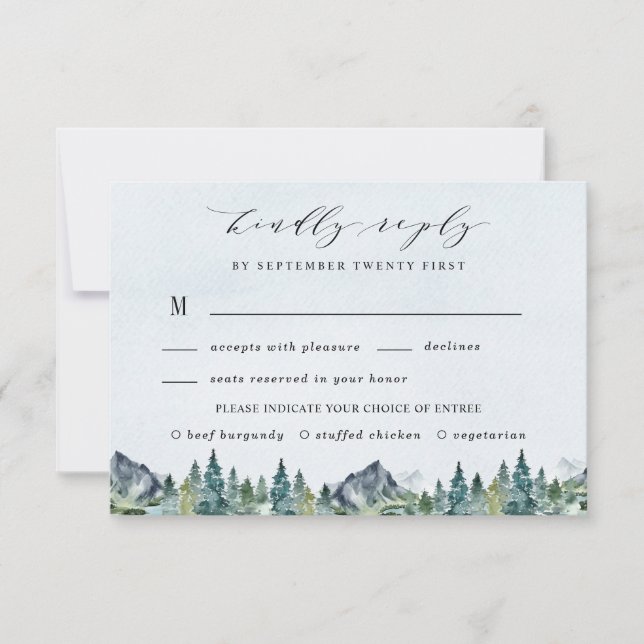 Mountain Watercolor Elegant Meal Choice Wedding RSVP Card (Front)