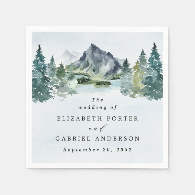 Mountain Watercolor Elegant Rustic Themed Wedding Napkin (Front)