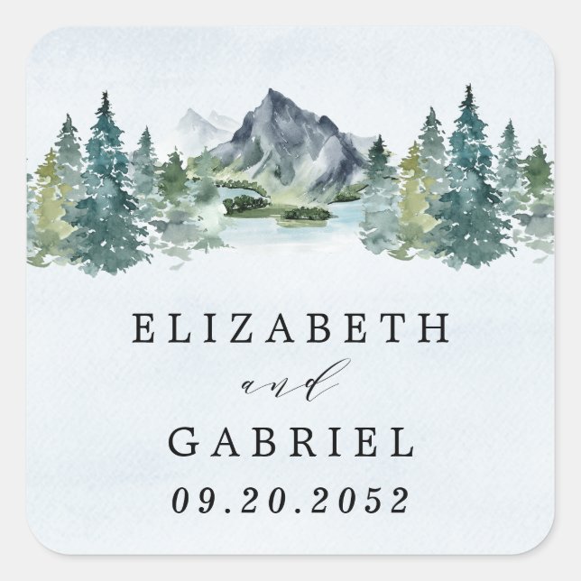 Mountain Watercolor Elegant Rustic Themed Wedding Square Sticker (Front)