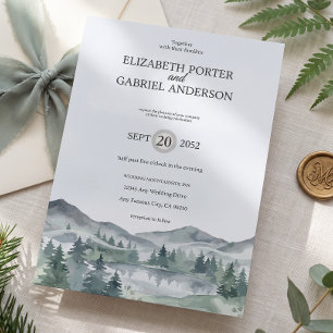 Mountain Watercolor Evergreen Rustic Tree Wedding Invitation