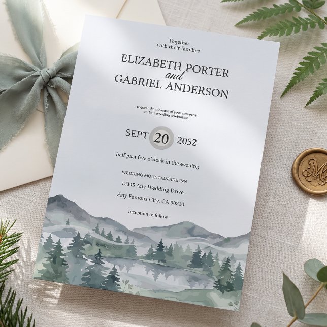 Mountain Watercolor Evergreen Rustic Tree Wedding  Invitation (Creator Uploaded)
