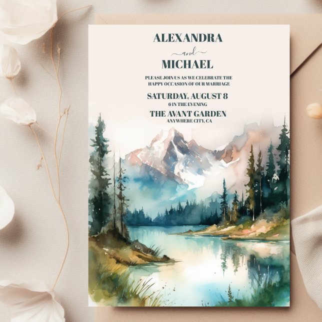Mountain Watercolor Evergreen Rustic Tree Wedding Invitation (Creator Uploaded)