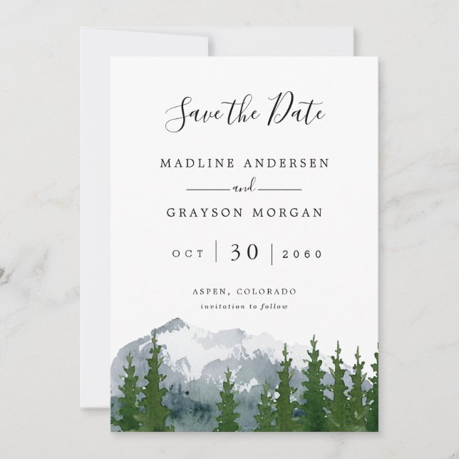 Mountain Watercolor Pine  Photo Save the Dat Announcement (Front)