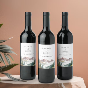 Mountain Watercolor Rustic Outdoor Wedding  Wine Label