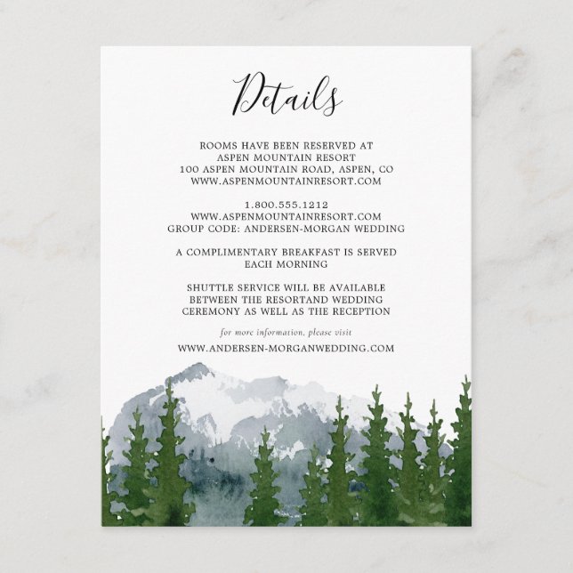 Mountain Watercolor Rustic Pine Wedding Details  Enclosure Card (Front)