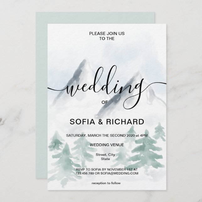  Mountain Watercolor Rustic Tree Destination Invit Invitation (Front/Back)