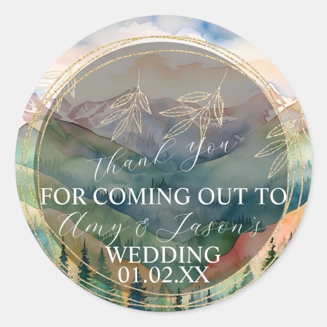 Mountain Watercolor Scenery Destination Wedding Classic Round Sticker (Front)