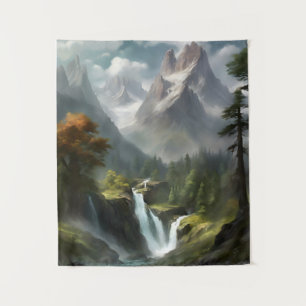 Mountain Waterfall Serenity - Nature Landscape Art Tapestry