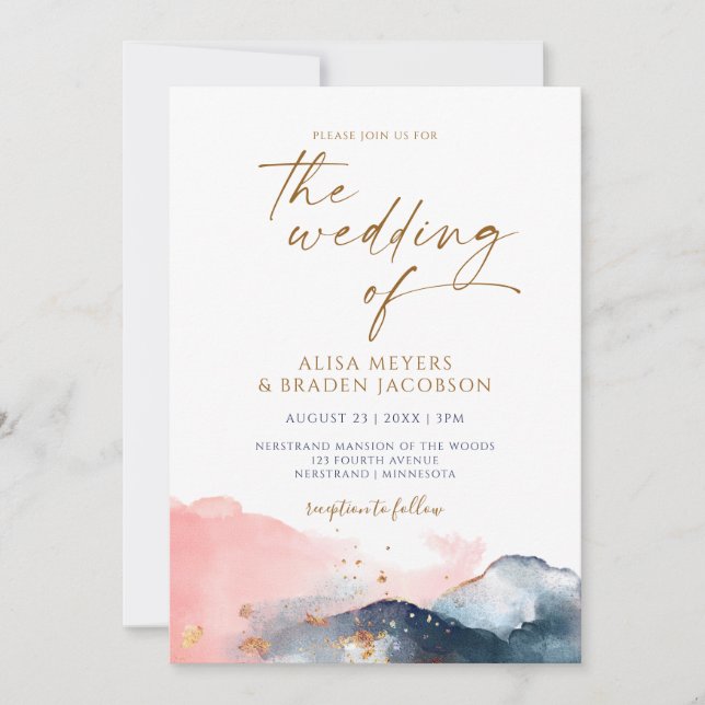 Mountain Wedding Modern Watercolor Navy Pink Gold Invitation (Front)