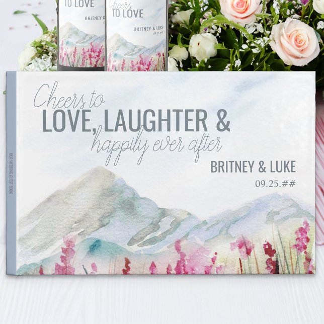 Mountain Wedding Watercolor Landscape Guest Book (Cheers to Love Laughter & Happily Ever After wedding guest book from Mountain Meadow collection)