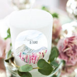 Mountain Wedding Watercolor Pink Wildflower Meadow Classic Round Sticker<br><div class="desc">Mountain wedding stickers with bride and groom names and an idyllic country landscape of blue ridge mountains and pink wildflower meadow. Customise with the design tool to drag the text into the best position for your names. Beautiful nature inspired scenic design - perfect for outdoor destinations, mountain lakeside and country...</div>