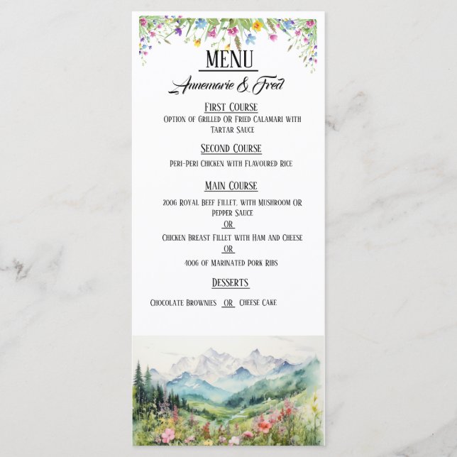Mountain & Wildflower Elegant Flat Menu (Front)