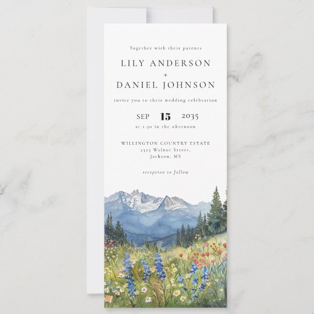 Mountain Wildflower Floral All In One Wedding Invitation (Front)