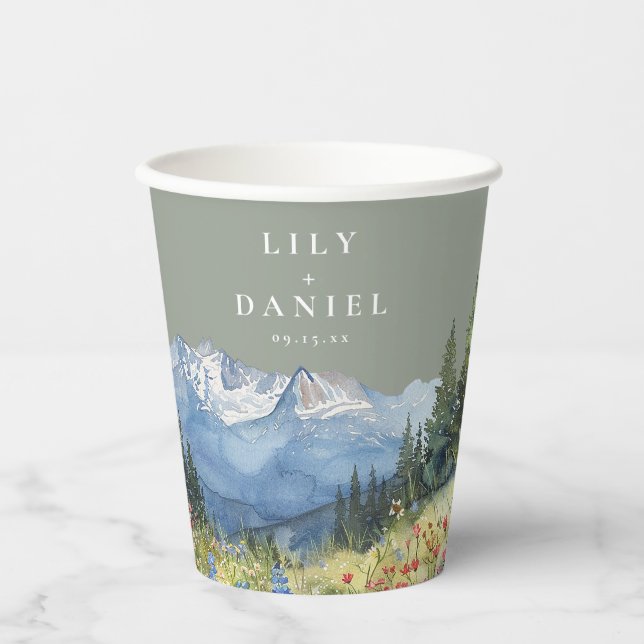 Mountain Wildflower Floral Sage Green Wedding Paper Cups (Front)