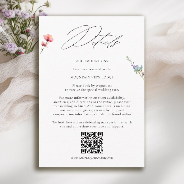 Mountain Wildflower Meadow Modern Wedding Details Enclosure Card (mountain wedding details card qr code wildflowers meadow floral watercolor modern calligraphy)
