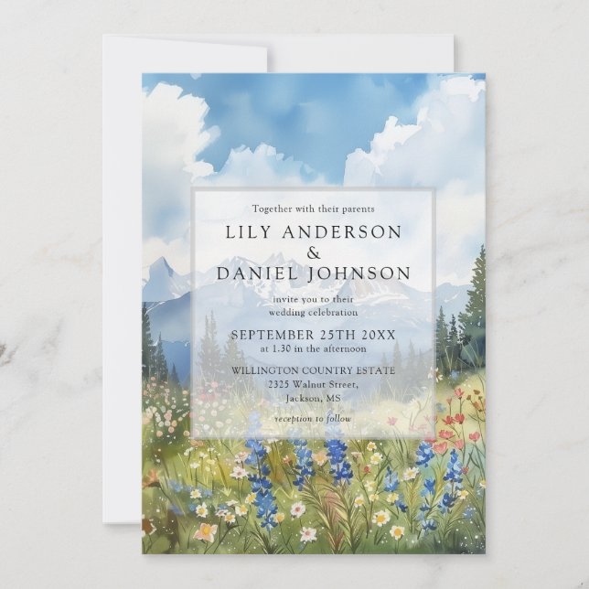 Mountain Wildflowers Floral QR Code Wedding Invitation (Front)