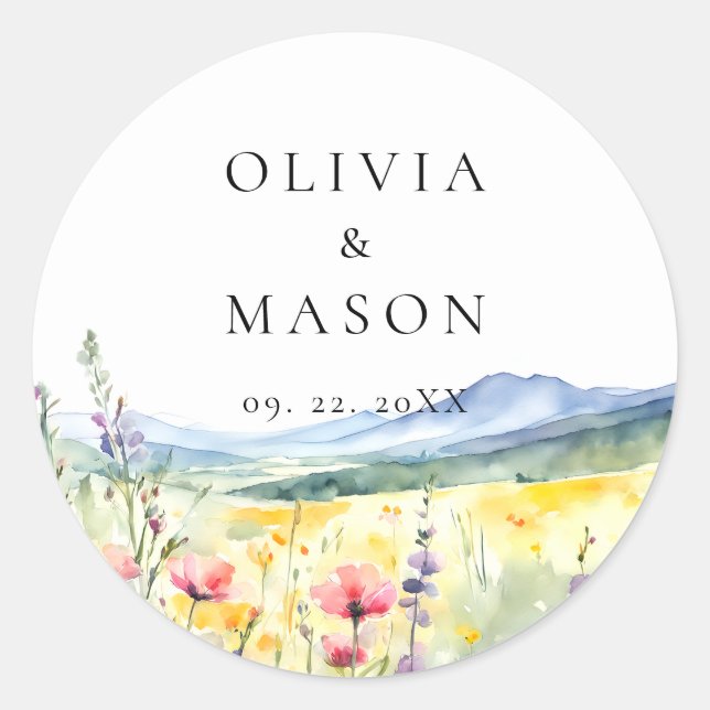 Mountain Wildflowers Meadow Modern Floral Wedding Classic Round Sticker (Front)