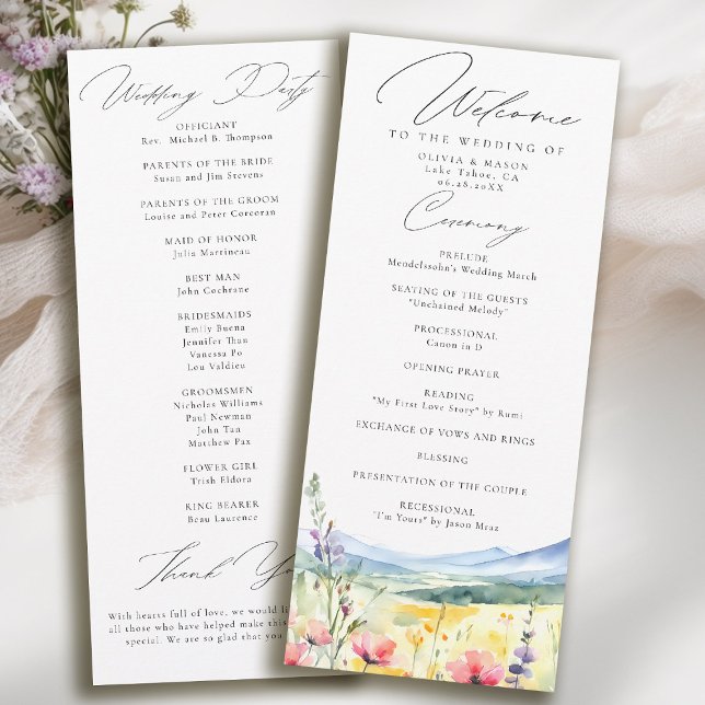 Mountain Wildflowers Meadow Modern Wedding Program (mountain wedding program wildflowers meadow floral watercolor modern calligraphy)