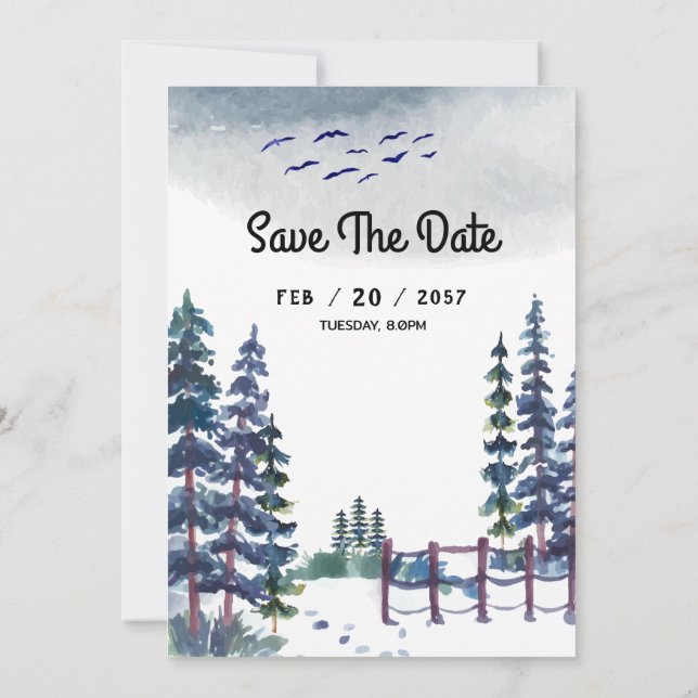 Mountain Winter Wedding Card Save the Date (Back)
