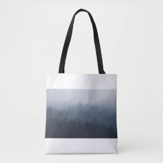MOUNTAIN WITH FOREST IN THE FOG TOTE BAG